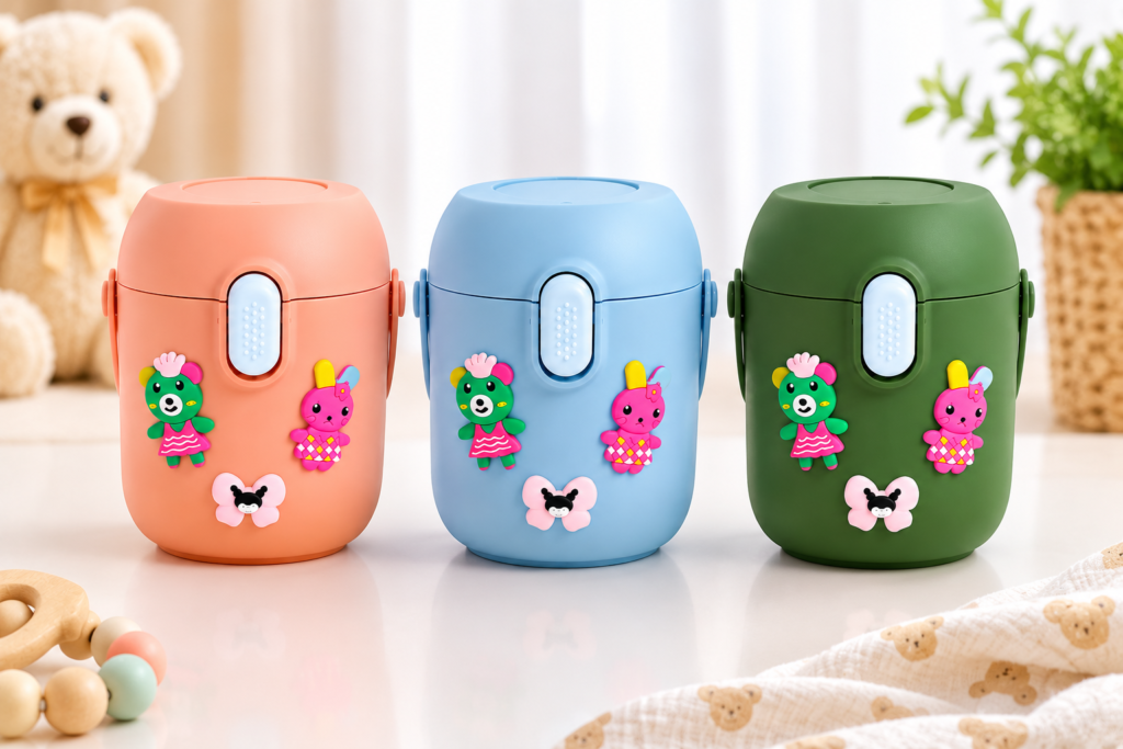 Baby formula milk powder container with scoop available in peach blue and green