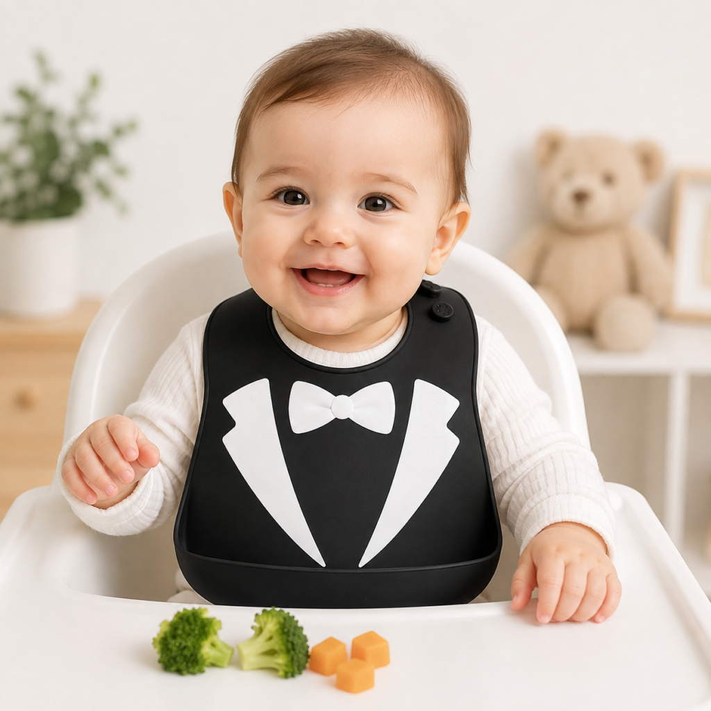 Black tuxedo style silicone baby bib for feeding