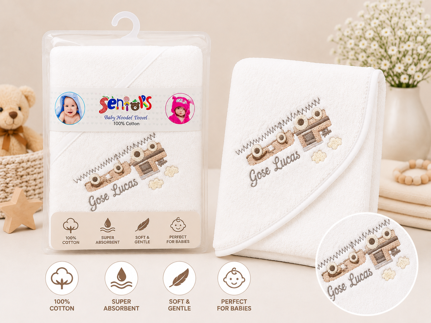 White baby hooded bath towel 100% cotton cozy baby hooded towel set