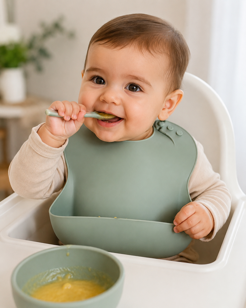 happy baby self feeding with spoon