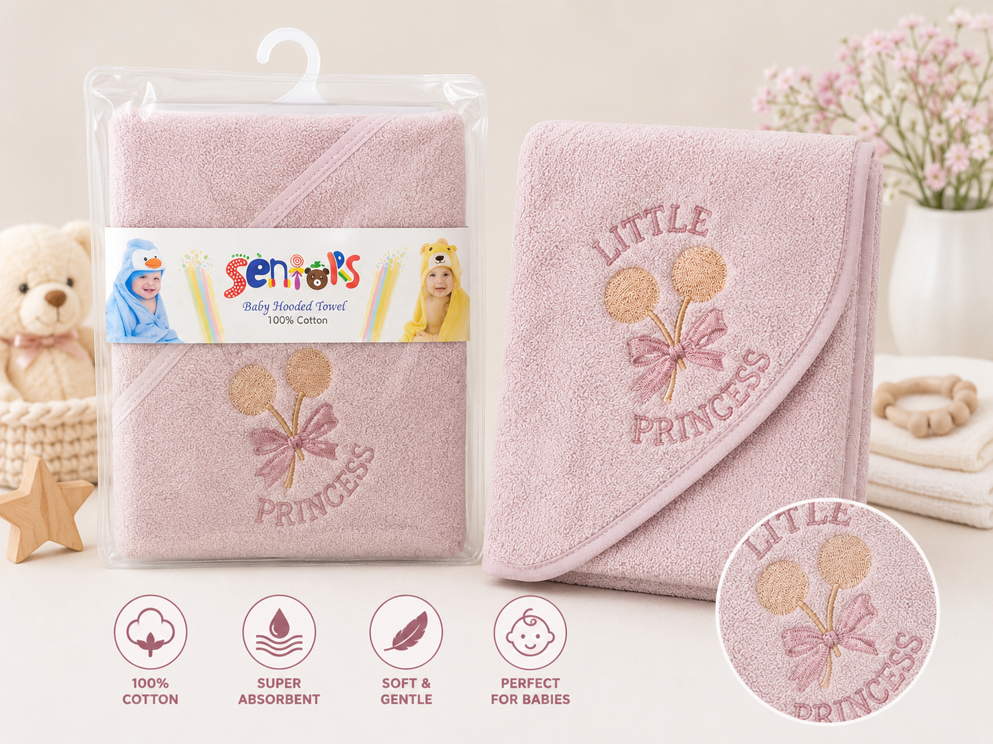 Pink baby hooded bath towel 100% cotton pastel baby hooded towel display