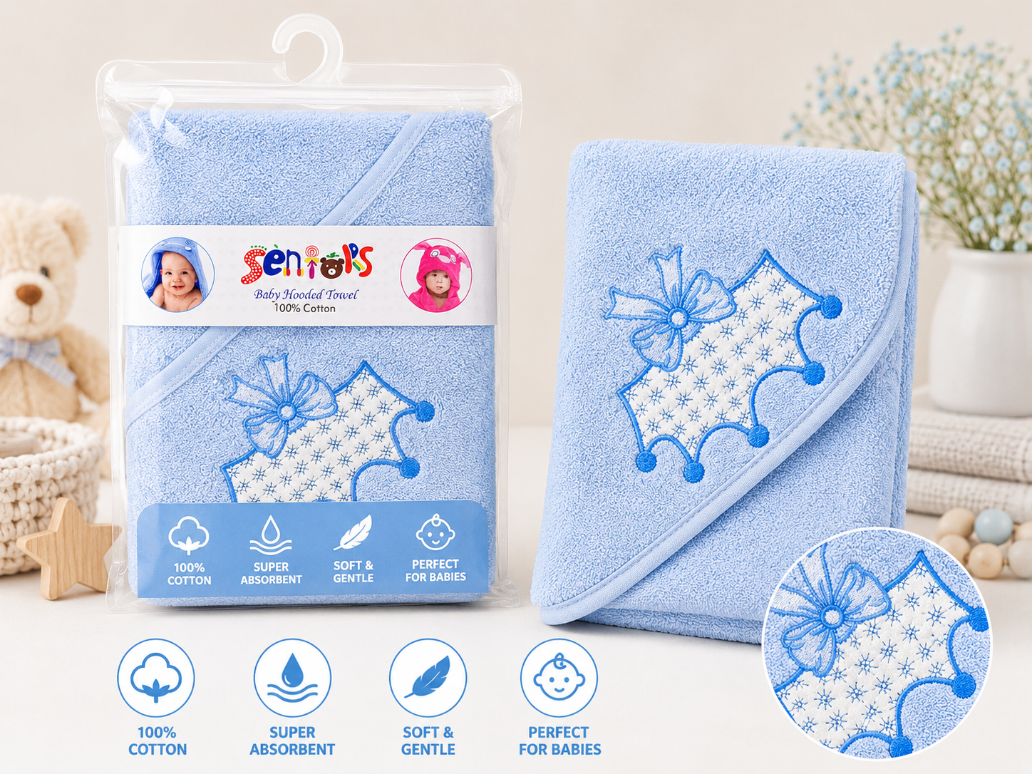 Baby blue hooded bath towel 100% cotton soft blue baby towel essentials