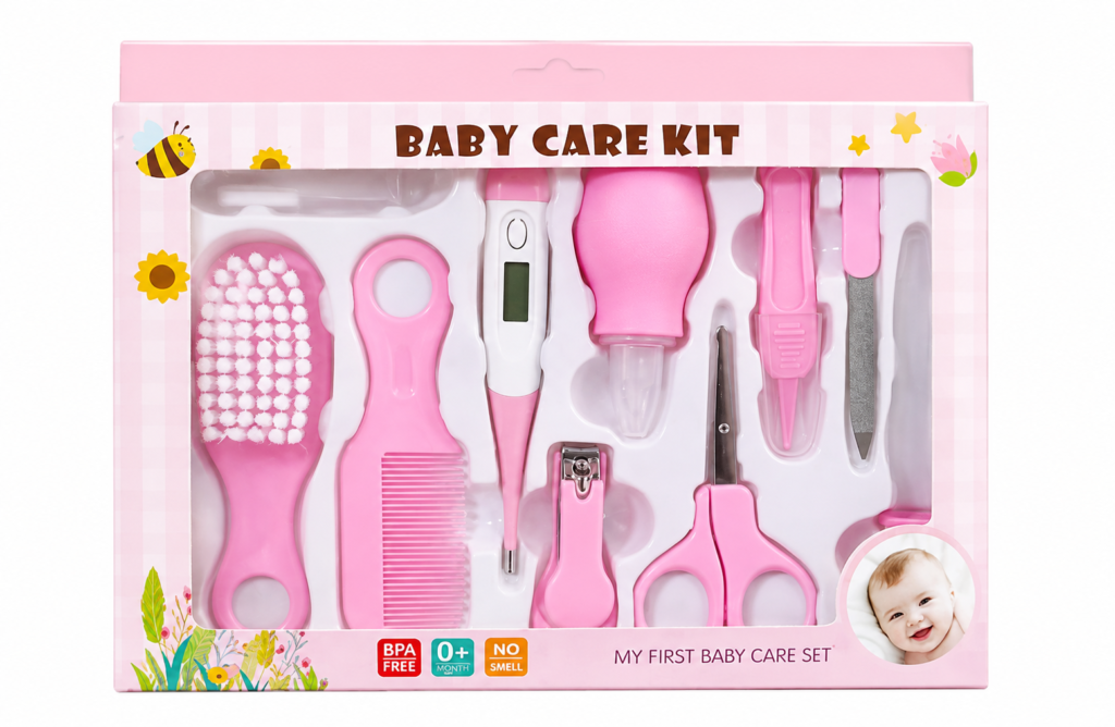 10-piece pink baby grooming and care kit with brush, comb, thermometer and nail care tools