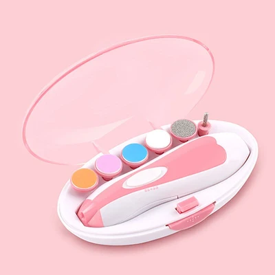 Pink electric baby nail trimmer with multiple nail care attachments