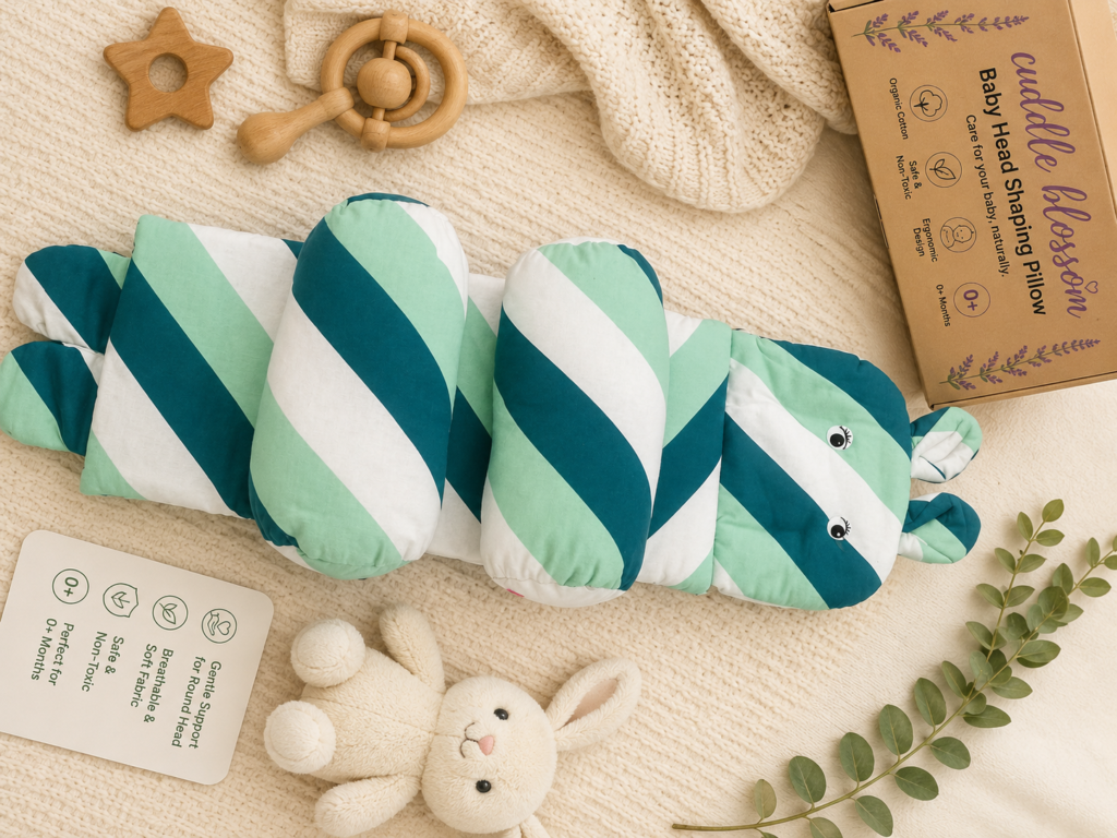 Cuddle Blossom baby head shaping pillow in green and white