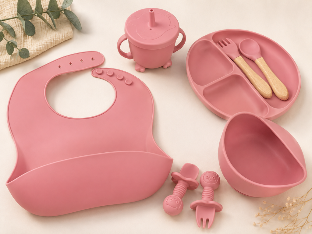 Cuddle Blossom 8-piece silicone baby feeding set in Dusty rose