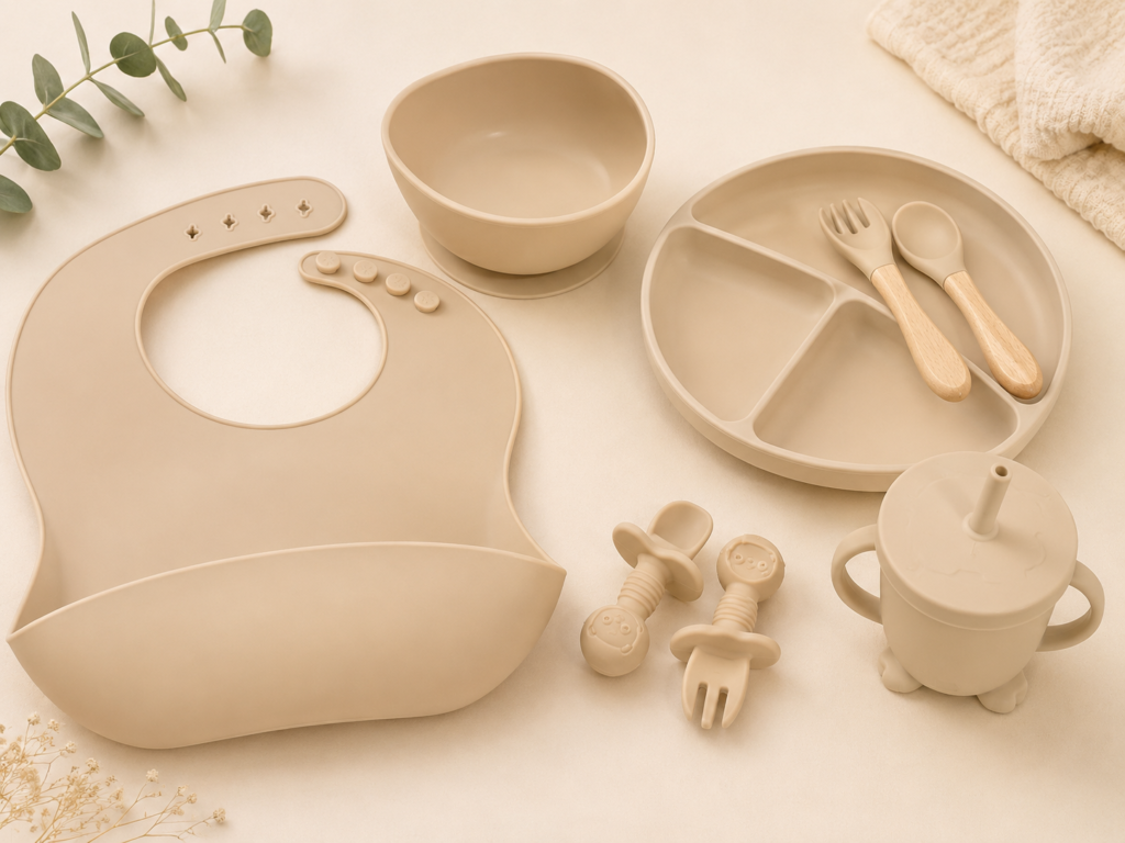 Cuddle Blossom 8-piece silicone baby feeding set in neutral beige